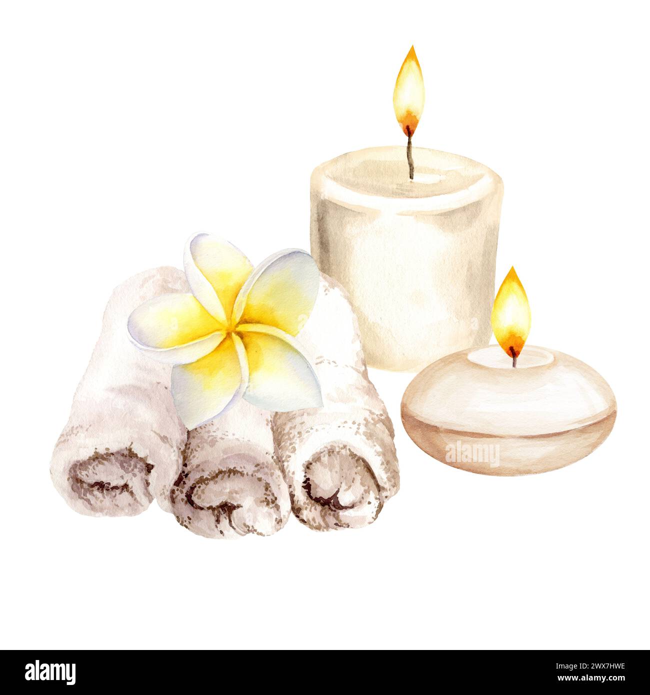 Weiße Baumwollhandtücher in Wasserfarben für Spa-Behandlungen mit Frangipani-Blüten und weißen brennenden Kerzen mit Feuer, für Spa-Salon und weiße tropische Exotik Stockfoto