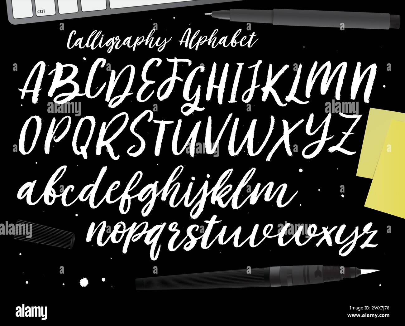 Vektor-handgezeichnetes Alphabet isoliert auf weißem Hintergrund. Pinsel gemalte Buchstaben. Dekorative künstlerische Schriftart. Stock Vektor