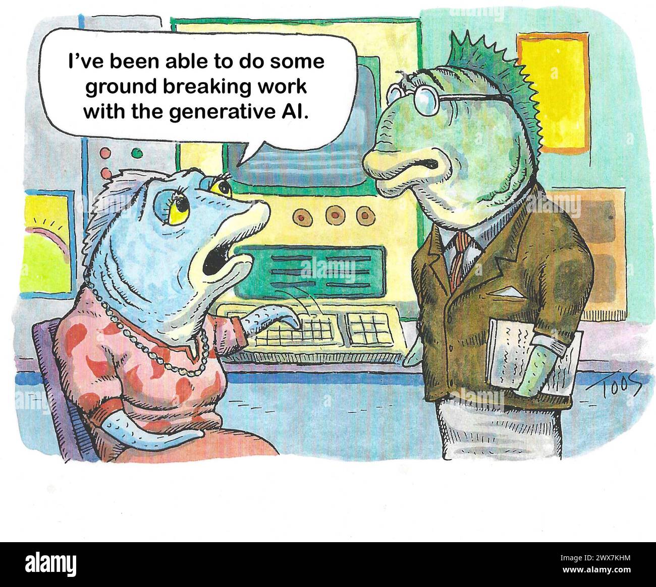 Farb-Cartoon einer Computerprogrammiererin, weiblich, die bahnbrechende Arbeit mit KI macht. Stockfoto