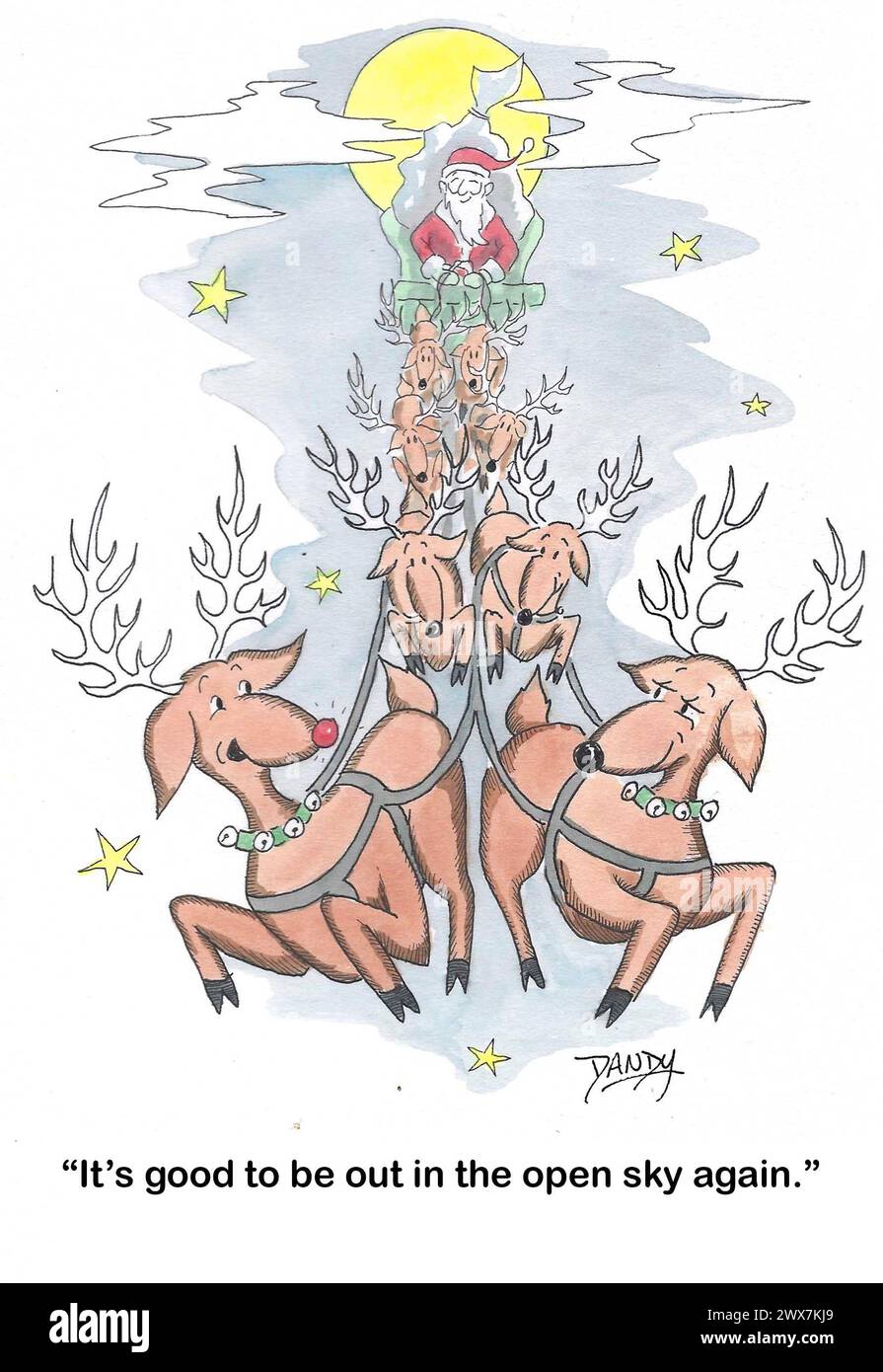 Farb-Cartoon von Santa's Rentieren, sie lieben den offenen Himmel. Stockfoto