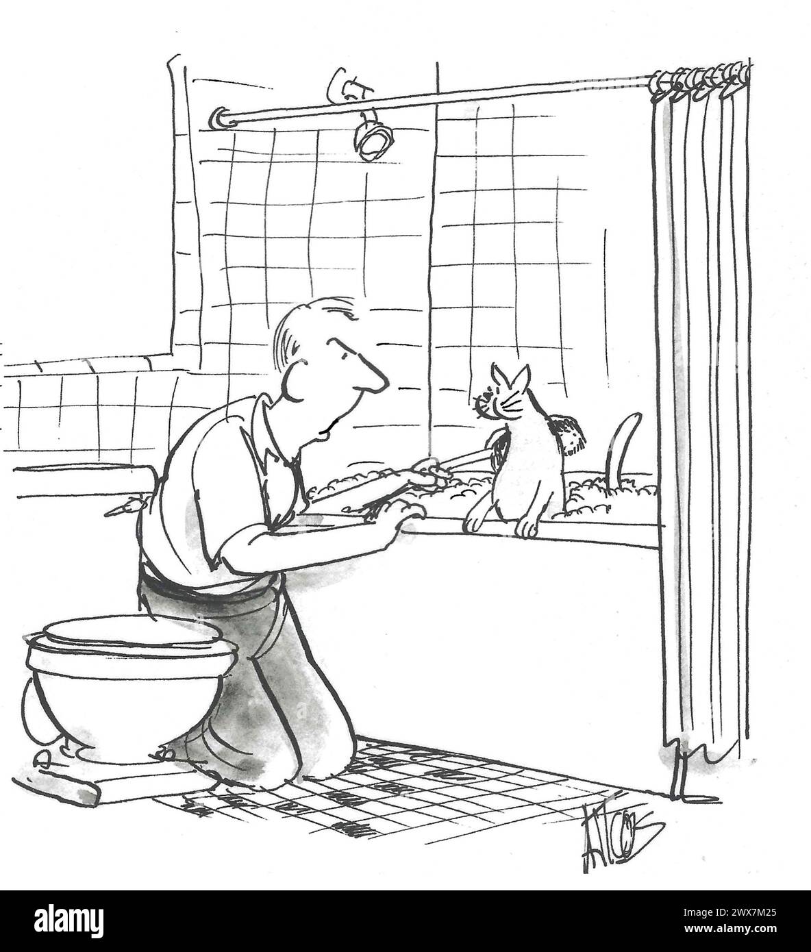 BW Cartoon eines Mannes, der seine Katze liebt, einschließlich Katzenbäder und -Backrubs. Stockfoto