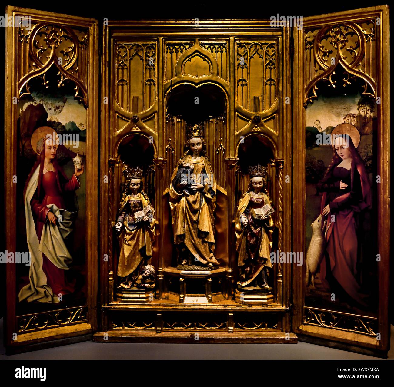Triptychon Maria mit Kind, Katharina, Barbara, Maria Magdalene und Agnes 1500 Museum Mayer van den Bergh, Antwerpen, Belgien, Belgien. Stockfoto