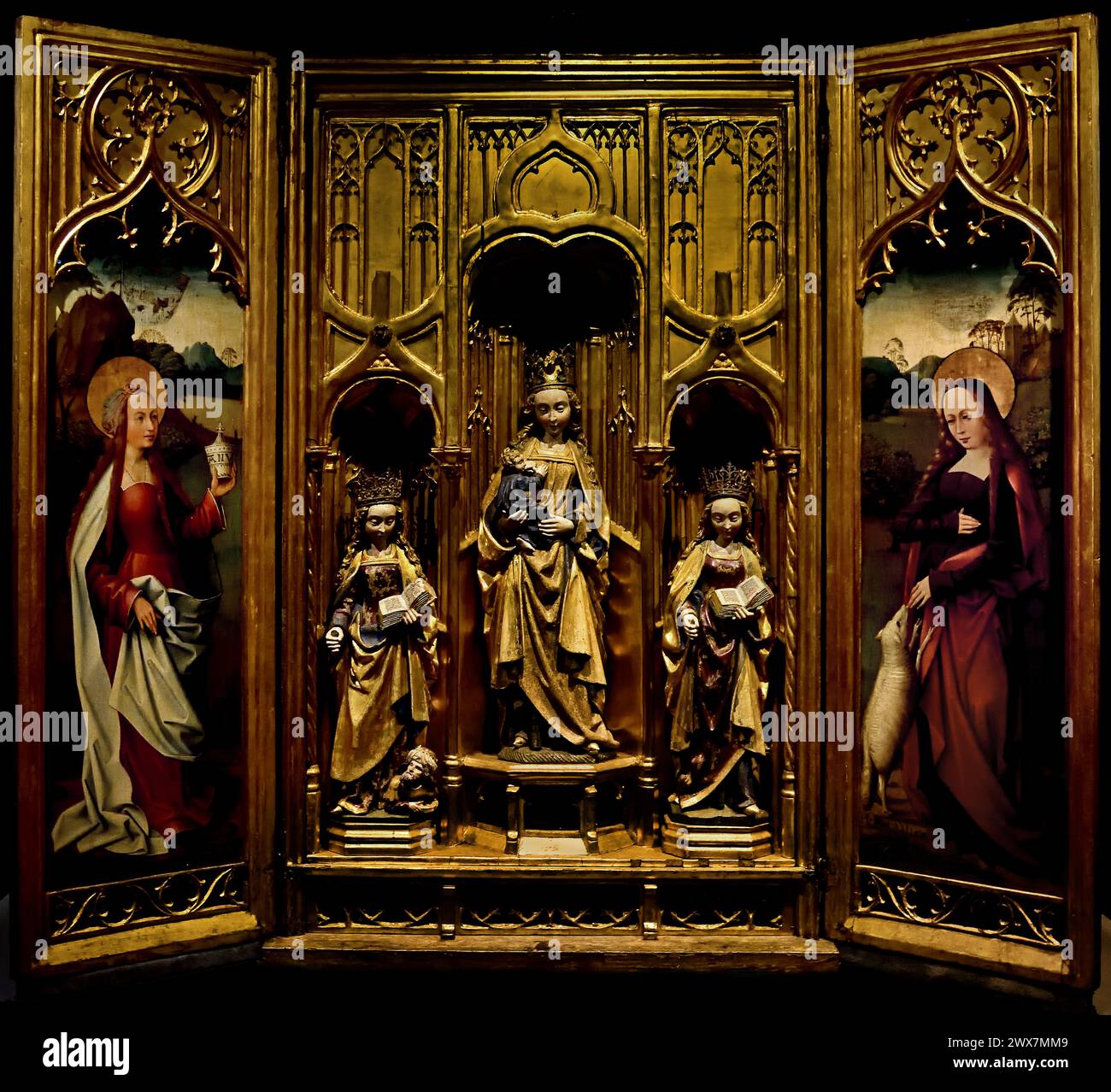 Triptychon Maria mit Kind, Katharina, Barbara, Maria Magdalene und Agnes 1500 Museum Mayer van den Bergh, Antwerpen, Belgien, Belgien. Stockfoto