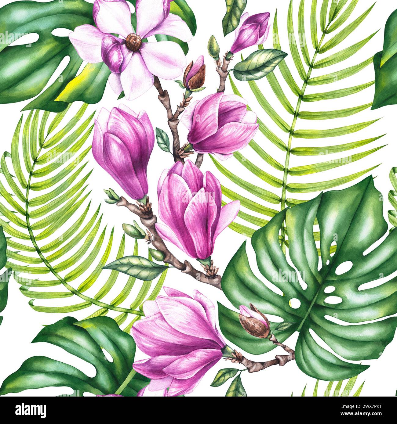 Aquarellblühendes nahtloses Muster mit Magnolien, tropischen Monstera und Dattelblättern. Botanisches tropisches nahtloses Muster für Textilien, Stoffe, Stockfoto