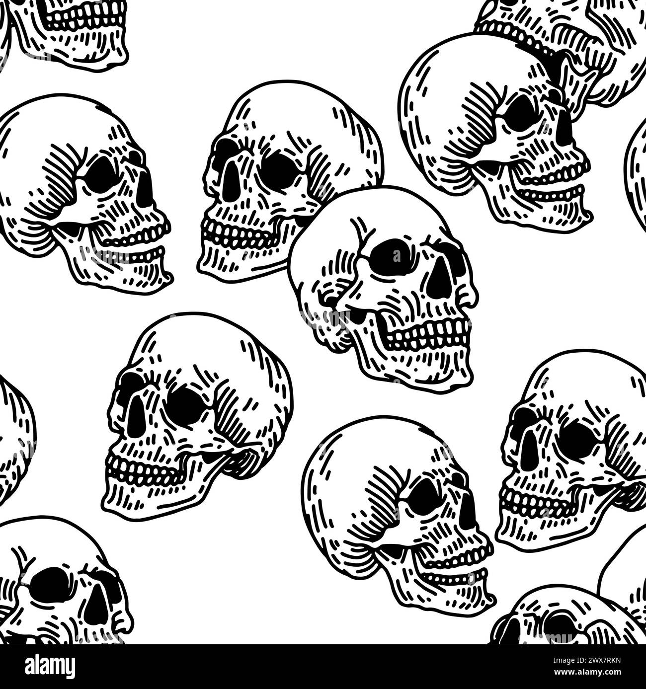 Nahtloses Vektor-Muster mit Schädeln in schwarzem Hintergrund in Retro-Tattoos Old School, Grunge, Punk und Gothic-Stil. Handgezeichnete Illustrationen Stock Vektor