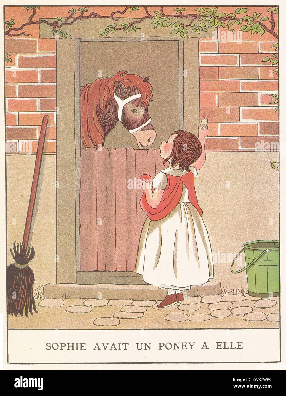 Sophie hatte ein eigenes Pony, das ihr Vater geschenkt hat. Es war ein kleines schwarzes Pferd, nicht größer als ein junger Esel." Illustration aus „Les Malheurs de Sophie“, geschrieben von der Gräfin von Ségur. Illustriert von Marie-Madeleine Franc-Nohain, veröffentlicht 1933 von Maison Alfred Mame et Fils. Stockfoto