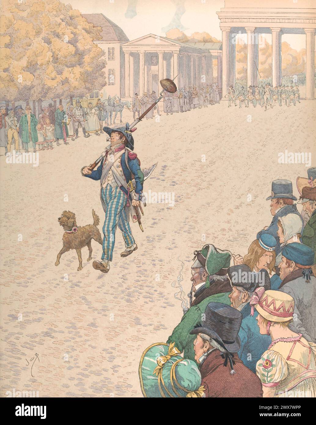 Der Parigot in Berlin: Französischer Soldat marschiert am 27. Oktober 1806 an den Truppen Napoleons I. auf das Brandenburger Tor vorbei. Illustration von Job veröffentlicht im Buch 'Allons, Enfants de la Patrie !...' Von Jean Richepin. Veröffentlicht von A. Mame et fils im Jahr 1920. Stockfoto