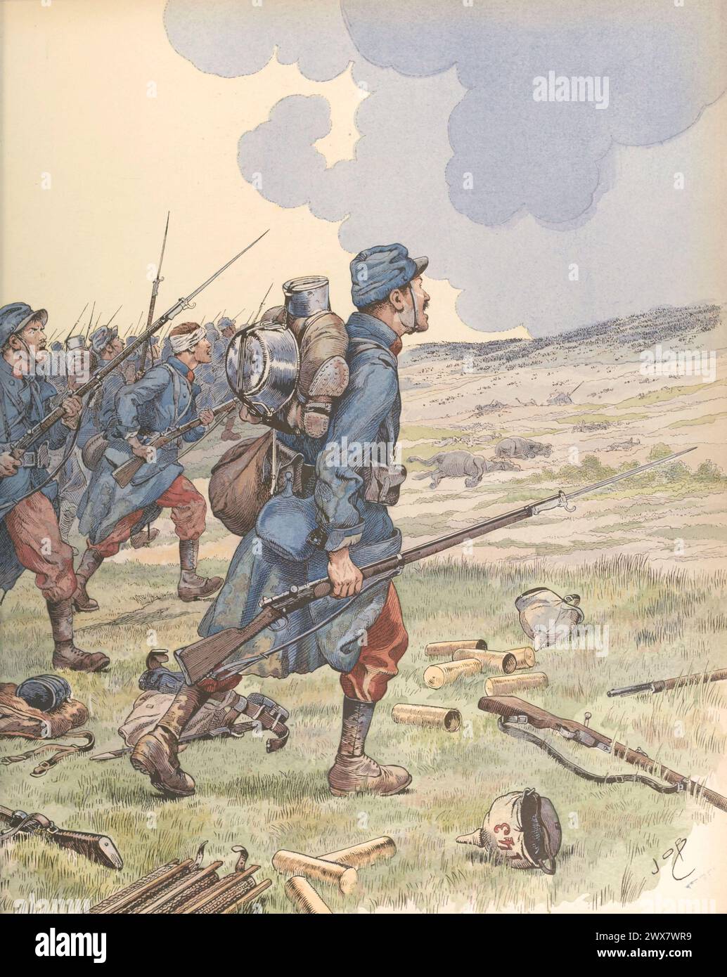 Französische Soldaten bei der ersten Schlacht an der Marne im September 1914. Illustration von Job veröffentlicht im Buch 'Allons, Enfants de la Patrie !...' Von Jean Richepin. Veröffentlicht von A. Mame et fils im Jahr 1920. Stockfoto