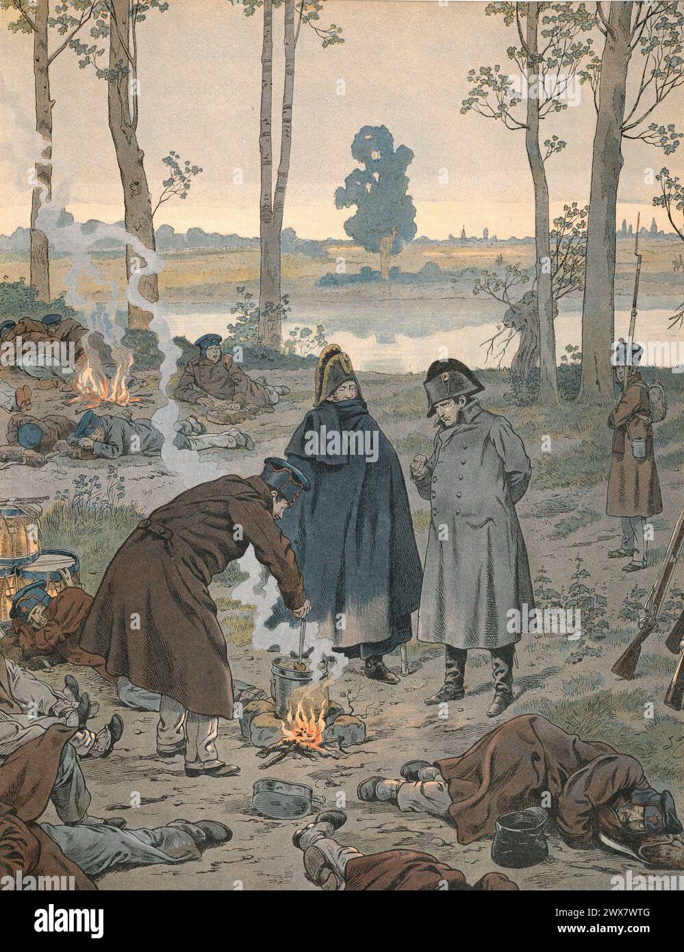 Waterloo-Kampagne: Napoleon I. und General Carbonneau auf der Straße nach Charleroi, im Biwakbetrieb am Vorabend ihrer Überquerung des Flusses Sambre. 14. Juni 1815 Illustration von Job aus dem Buch „Napoléon“ von Georges Montorgueil, veröffentlicht 1921 bei Boivin (Paris). Stockfoto