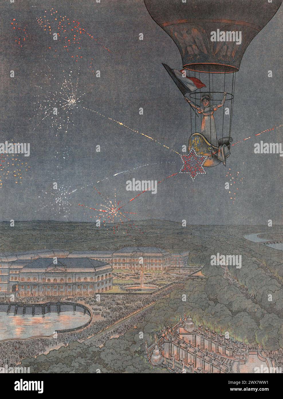 Ankündigung der Geburt des Sohnes Napoleons I., des Königs von Rom: Die französische Aeronaut Sophie Blanchard zündet ein Feuerwerk an, um das Ereignis zu feiern. 20. März 1811 Illustration von Job aus dem Buch „Napoléon“ von Georges Montorgueil, veröffentlicht 1921 bei Boivin (Paris). Stockfoto