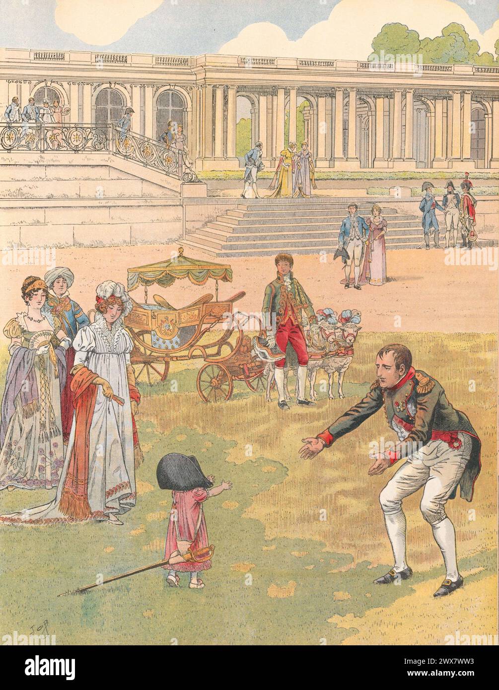 Kaiser Napoleon I. kümmerte sich um die Erziehung seines Sohnes Napoleon II., König von Rom. 1812 Illustration von Job aus dem Buch „Napoléon“ von Georges Montorgueil, das 1921 von Boivin (Paris) veröffentlicht wurde. Stockfoto
