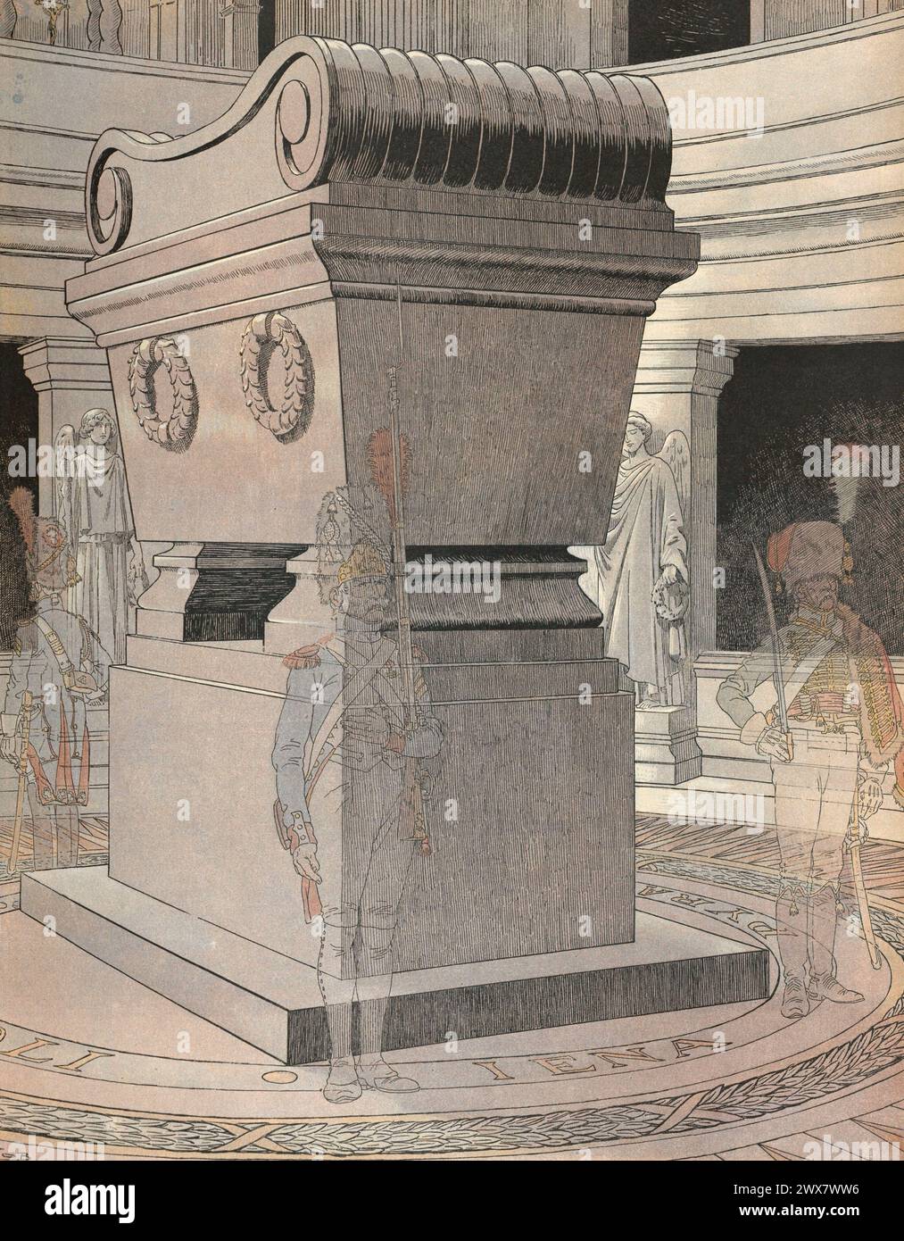 Das Grab von Kaiser Napoleon I. in Les Invalides in Paris, 15. Dezember 1840. Illustration von Job aus dem Buch „Napoléon“ von Georges Montorgueil, veröffentlicht 1921 bei Boivin (Paris). Stockfoto