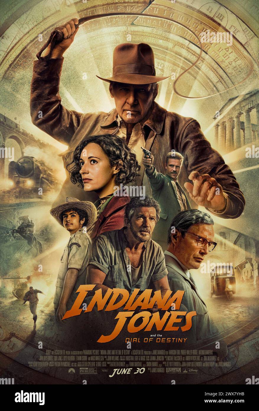 Indiana Jones und das Zifferblatt des Schicksals Jahr : 2023 USA Regisseur : James Mangold Harrison Ford, Phoebe Waller-Bridge, Antonio Banderas, Mads Mikkelsen amerikanisches Poster Stockfoto