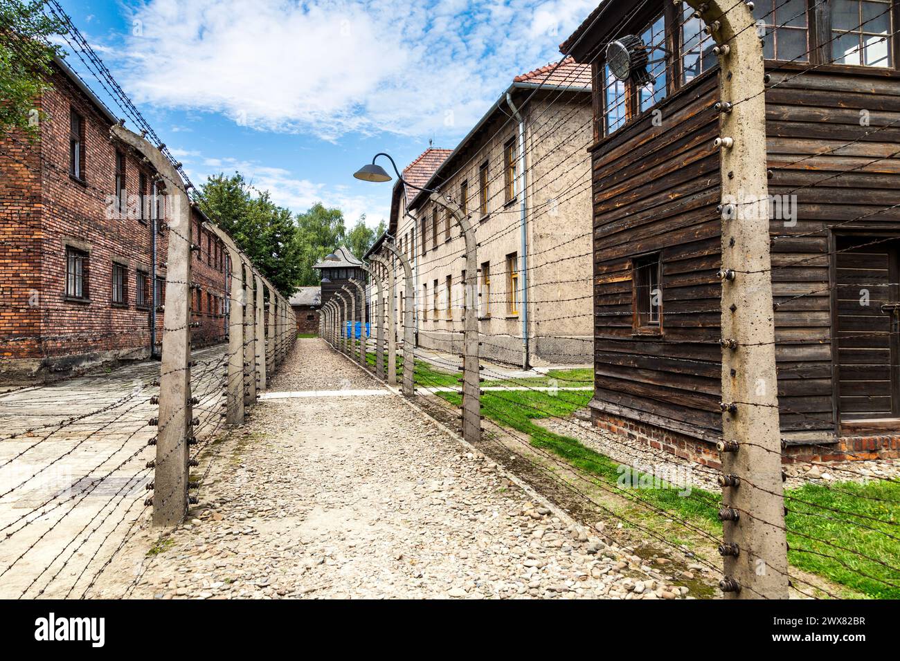 Stacheldrahtzäune im Konzentrationslager Auschwitz I, Polen Stockfoto