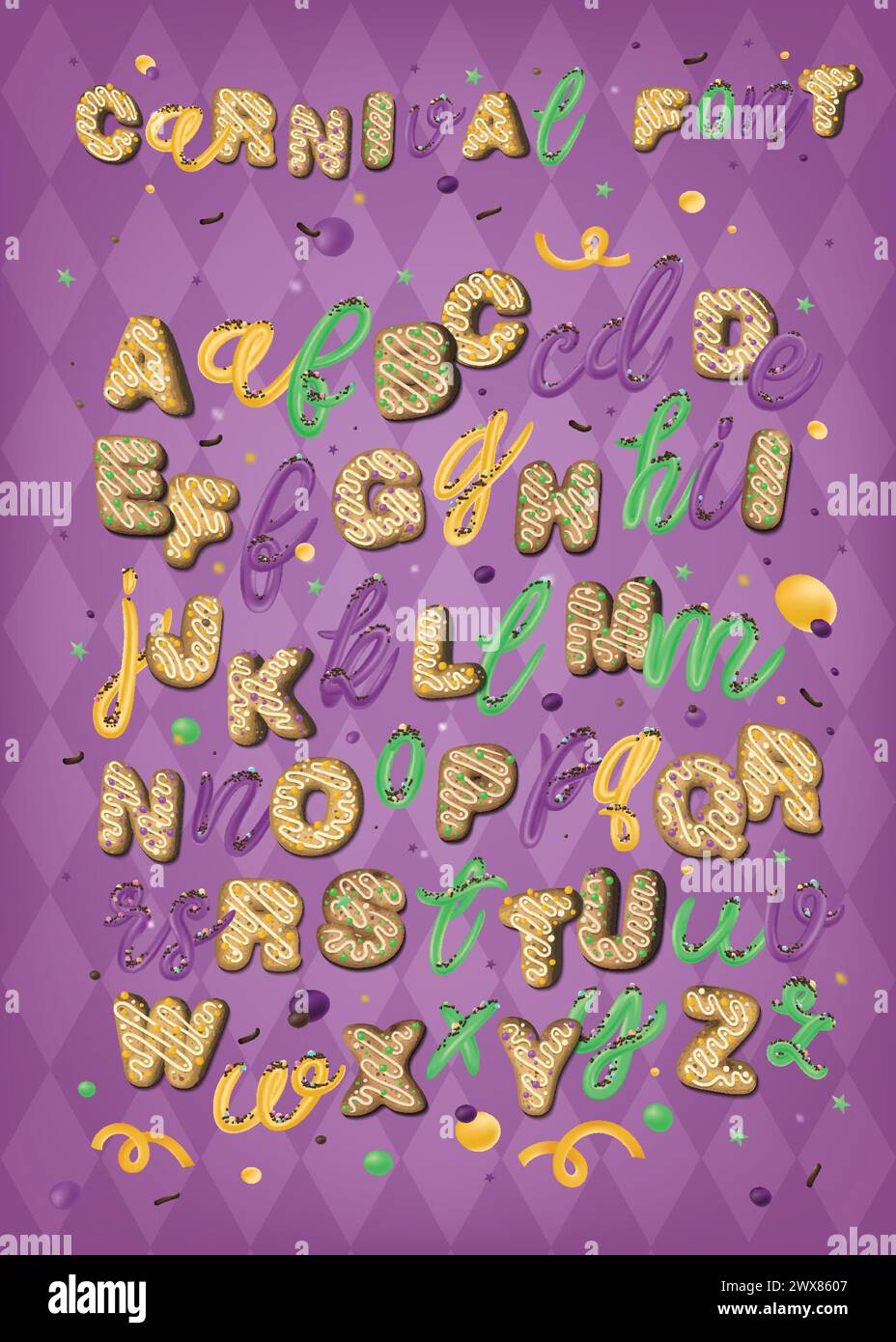 Süßes Alphabet. Karnevalsfarben Vektor-Illustrationen. Mardi Gras Typographie. Stock Vektor