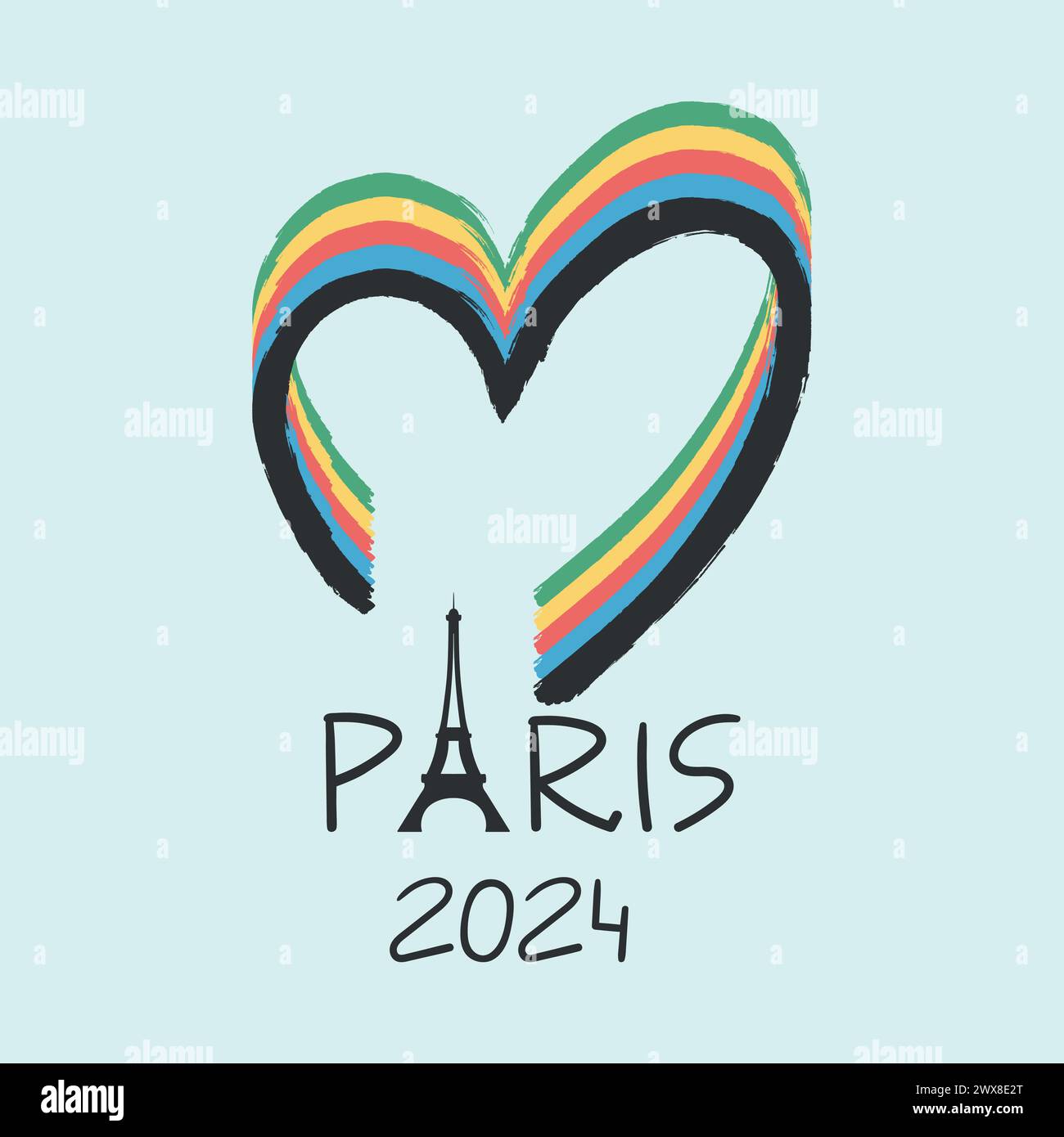 Design der Olympischen Sportspiele 2024 in Paris. Hintergrund mit gebürstetem Herz und Eiffelturm-Silhouette. Vektorabbildung Stock Vektor