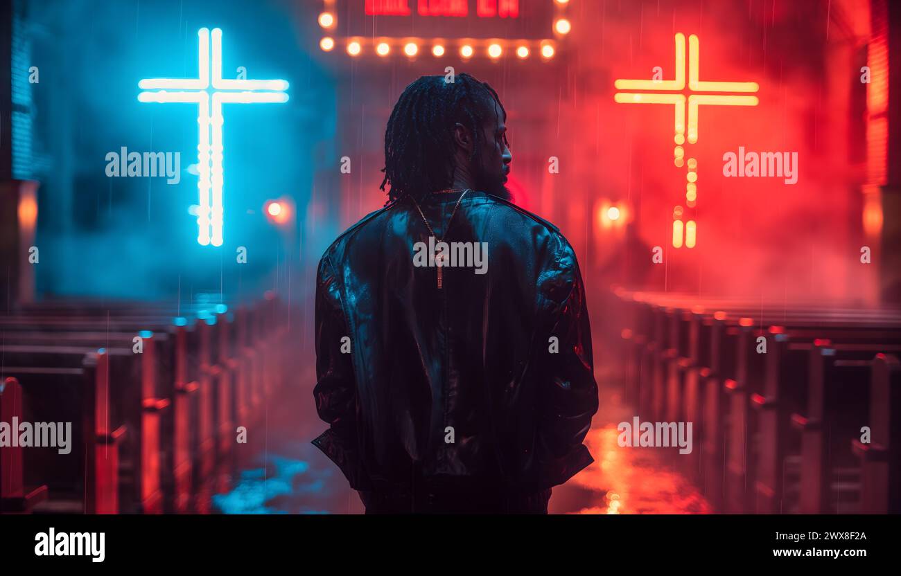 Schwarzer Mann in der modernen Kirche mit leuchtenden Kreuzen, der Christus findet Stockfoto