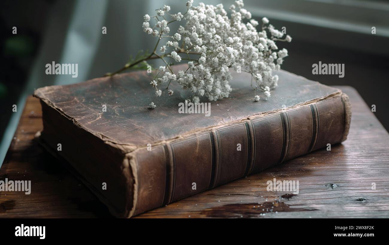 Alte Bibel auf Vintage Holztisch mit ein paar Blättern und kleinen weißen Blumen vor schwarzem Hintergrund Stockfoto