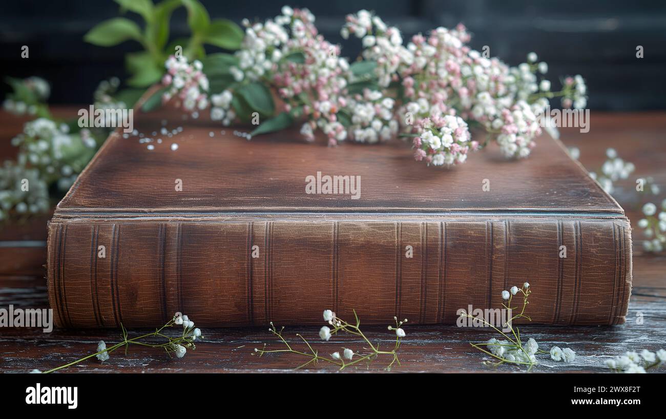 Alte Bibel auf Vintage Holztisch mit ein paar Blättern und kleinen weißen Blumen vor schwarzem Hintergrund Stockfoto