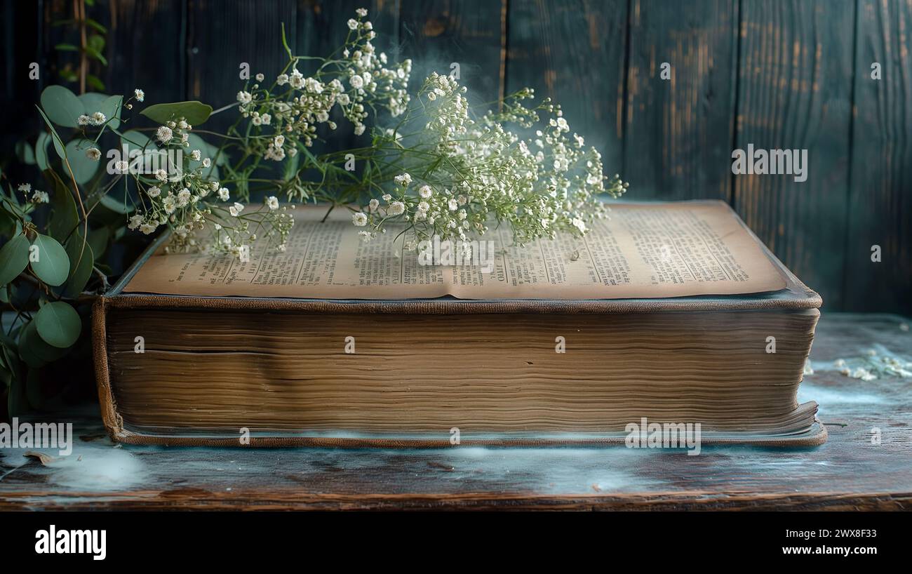 Alte Bibel auf Vintage Holztisch mit ein paar Blättern und kleinen weißen Blumen vor schwarzem Hintergrund Stockfoto