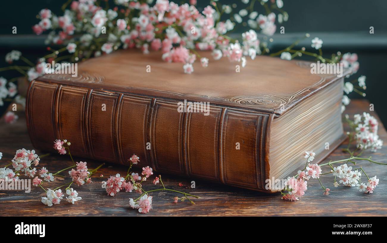 Alte Bibel auf Vintage Holztisch mit ein paar Blättern und kleinen weißen Blumen vor schwarzem Hintergrund Stockfoto