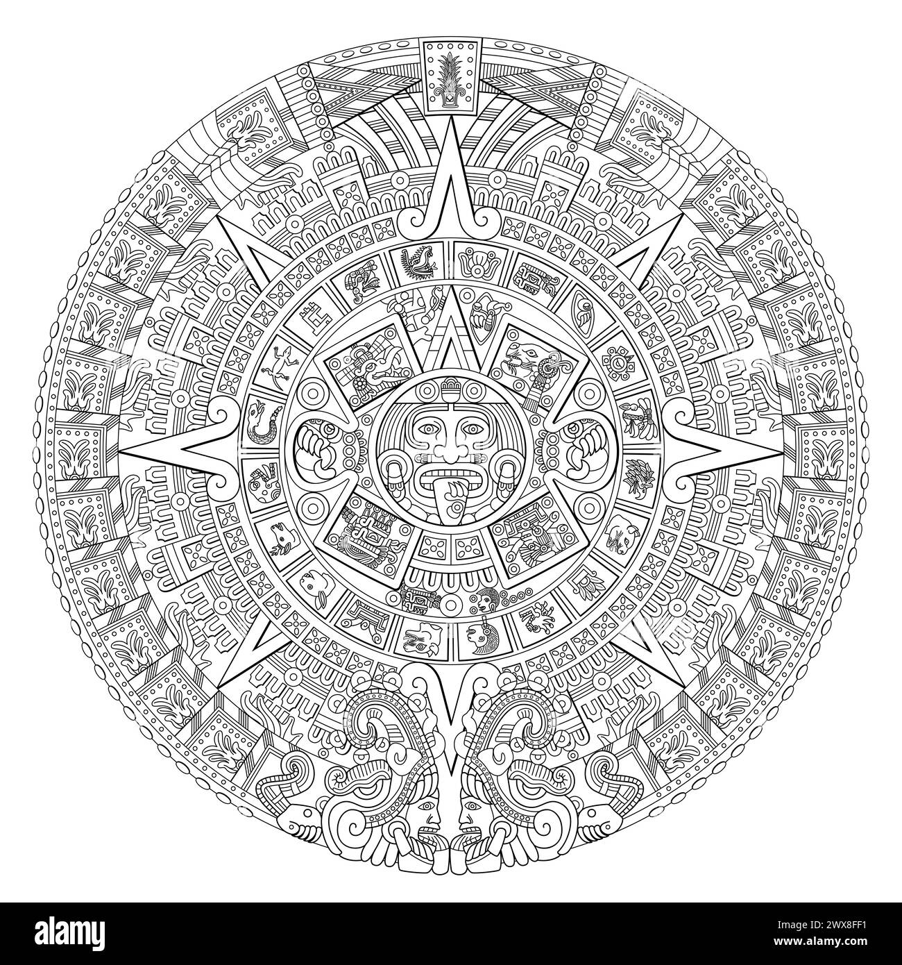 Aztekische Sonnensteine. In der Mitte der Scheibe erscheint die Glyphe Bewegung mit dem Gesicht der Sonnengottheit Tonatiuh, umgeben von den 20-Tage-Zeichen. Stockfoto