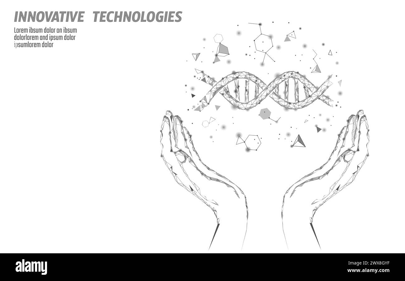 DNA 3D chemische Molekülstruktur Hände niedrig Poly. Polygonale Dreieckspunktlinie gesunder Zellteil. Mikroskopische Wissenschaft blaues Medizin-Genom Stock Vektor