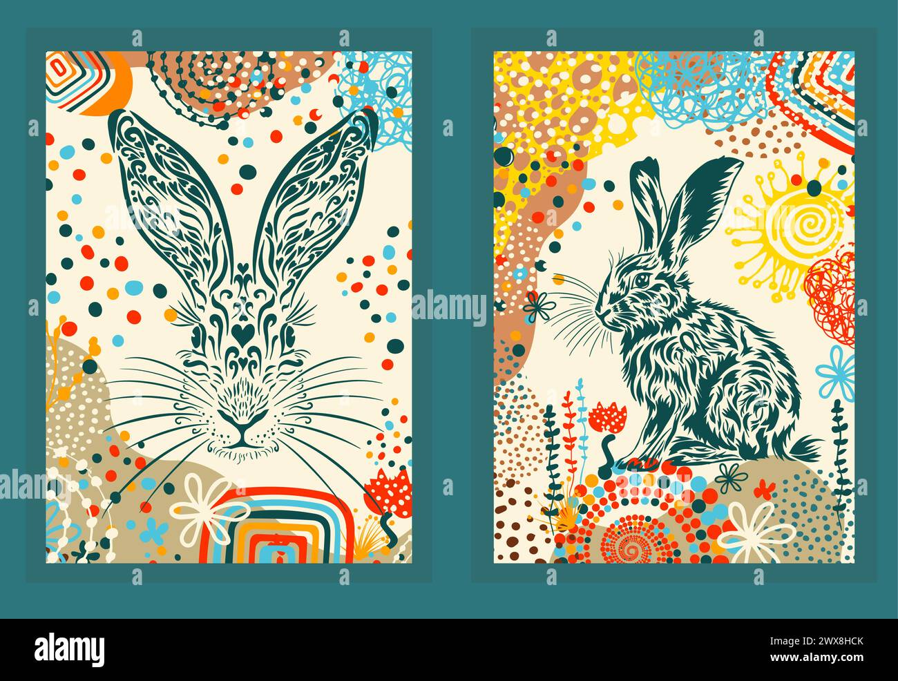 Osterhasen-Poster. Postkarte Happy Easter. Handzeichnung. Nicht AI. Vektorabbildung Stock Vektor