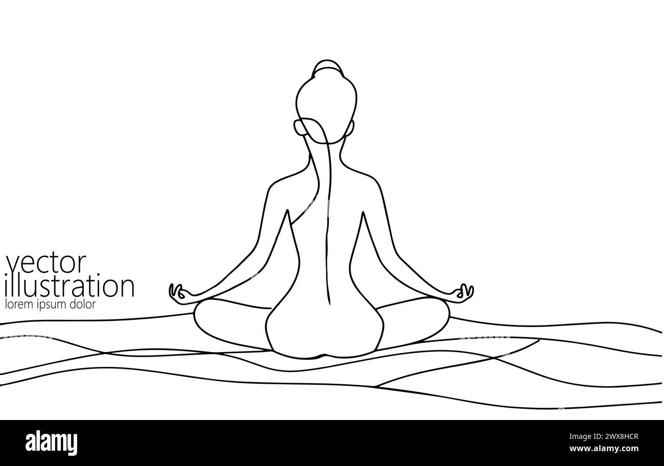 Eine durchgehende Art Yoga-Frau. Mädchen in Lotusposition Antistress Meditation minimalistische isolierte Skizziertinte Zeichnung. Vektorabbildung. Stock Vektor