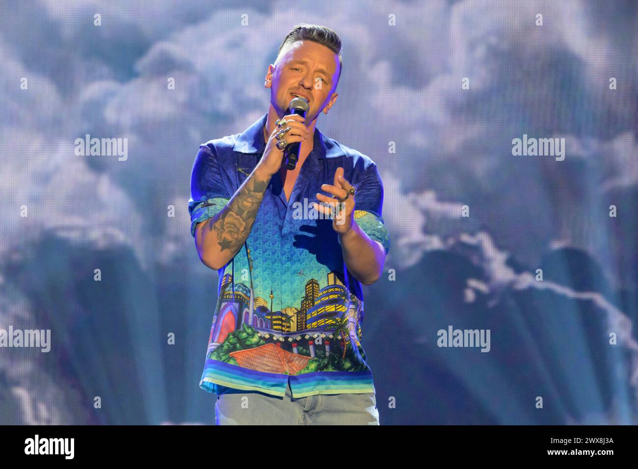 Ben Zucker, Beatrice Egli Show, TV, Aufnahme, Berlin Adlershof, Sendedatum 6.04.24, auf SWR, MDR, NDR, ARD, Mediathek, 27.03. 2024, Stockfoto