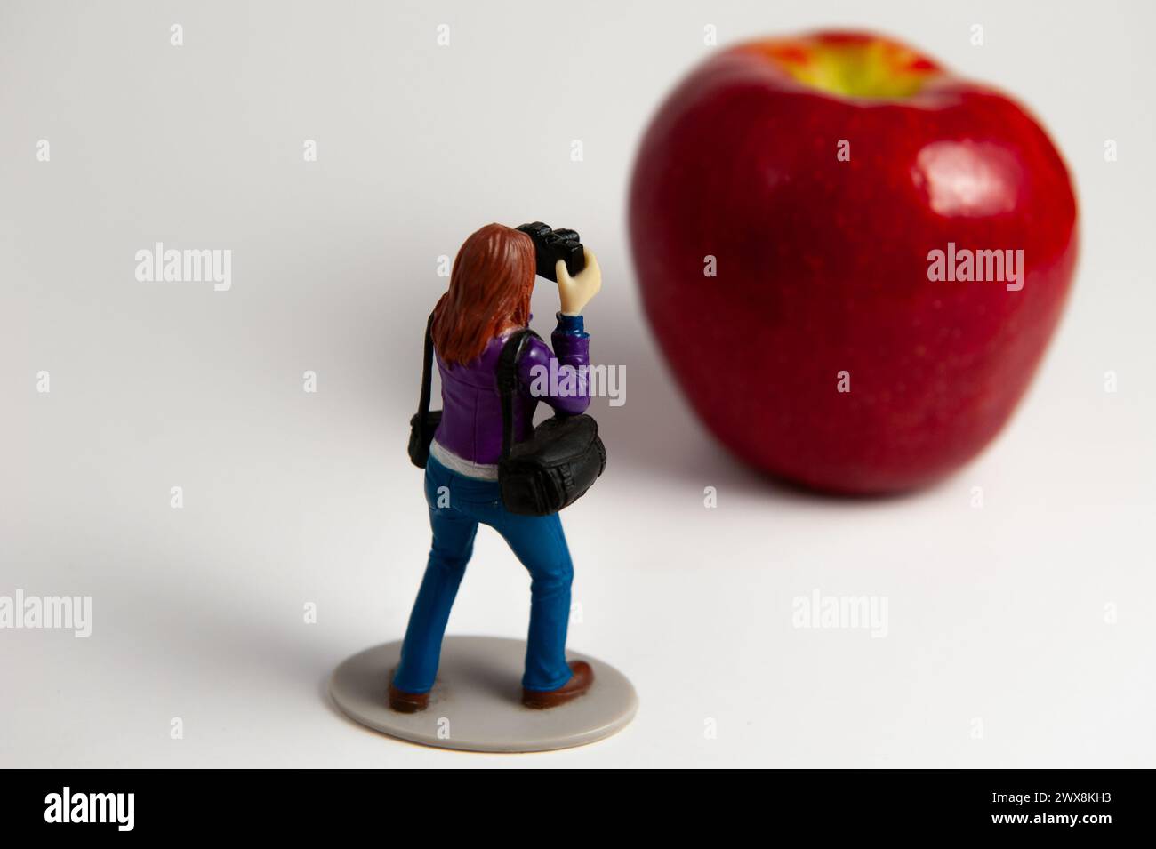 Kleine Fotograf-Actionfigur fotografiert einen großen Apfel Stockfoto