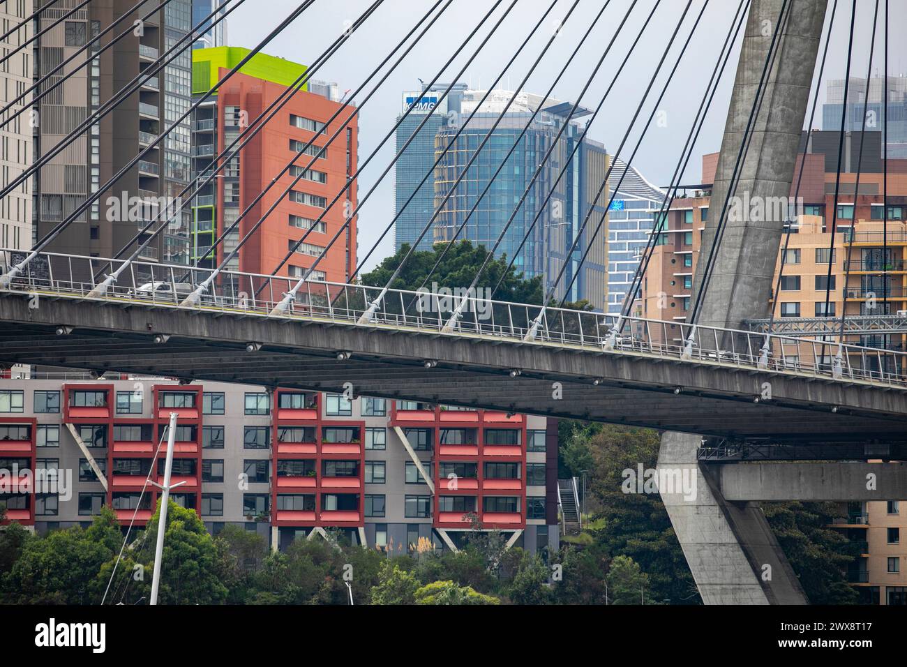 Anzac Bridge in Sydney, Nahaufnahme des Pyrmont-Endes der Brücke mit farbenfrohen Hochhäusern und Blick auf Pylonstahlseile, Australien, 2024 Stockfoto