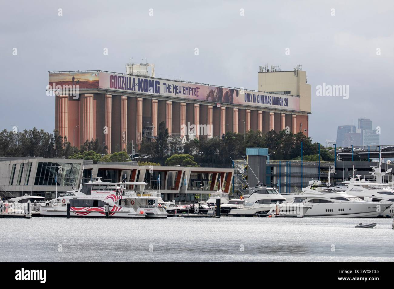 Sydney, Australien, Glebe Island Silo Reklametafeln, die 2024 Godzilla Kong The New Empire Movie, und Sydney Super Yachthafen, Australien Stockfoto