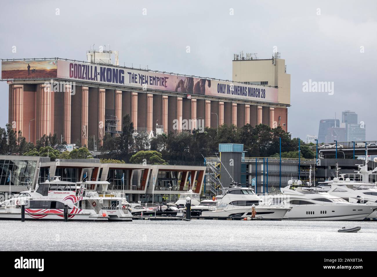 Sydney, Australien, Glebe Island Silo Reklametafeln, die 2024 Godzilla Kong The New Empire Movie, und Sydney Super Yachthafen, Australien Stockfoto
