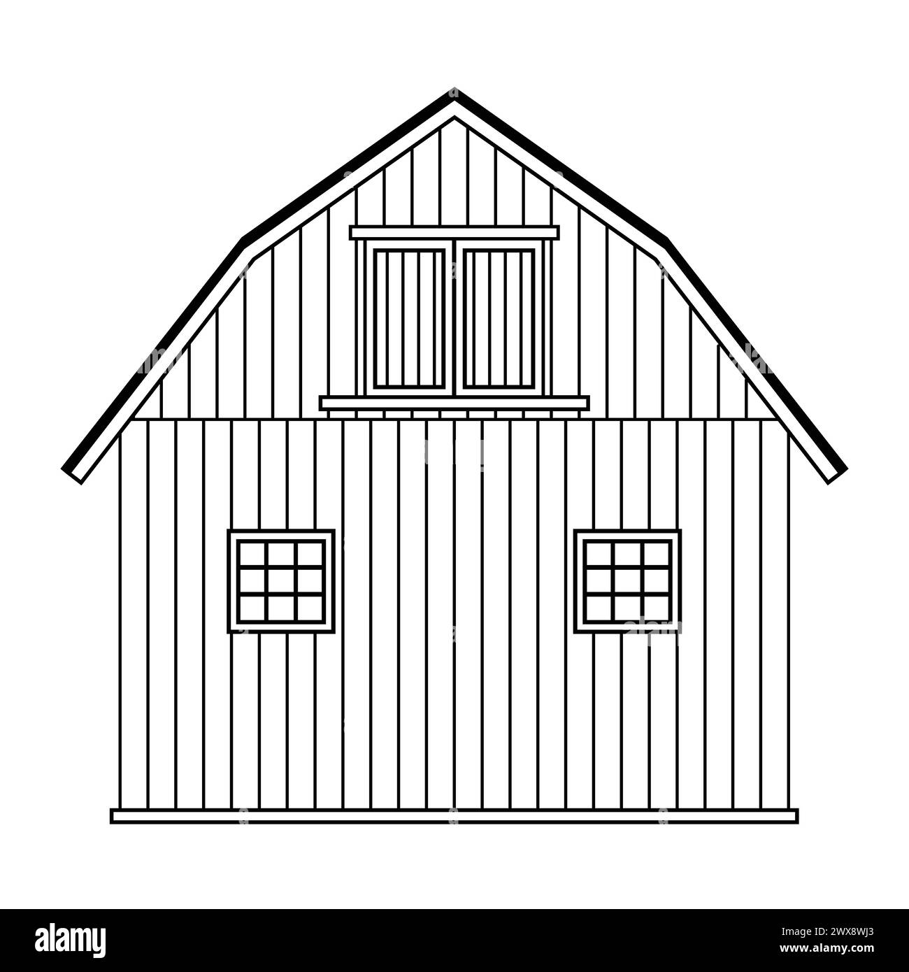 Schwarze weiße einfache monochrome Linie Holzscheune oder -Haus in Dänemark, Norwegen oder Schweden. Isolierte Vektor-skandinavische Illustration auf weißem Hintergrund Stock Vektor