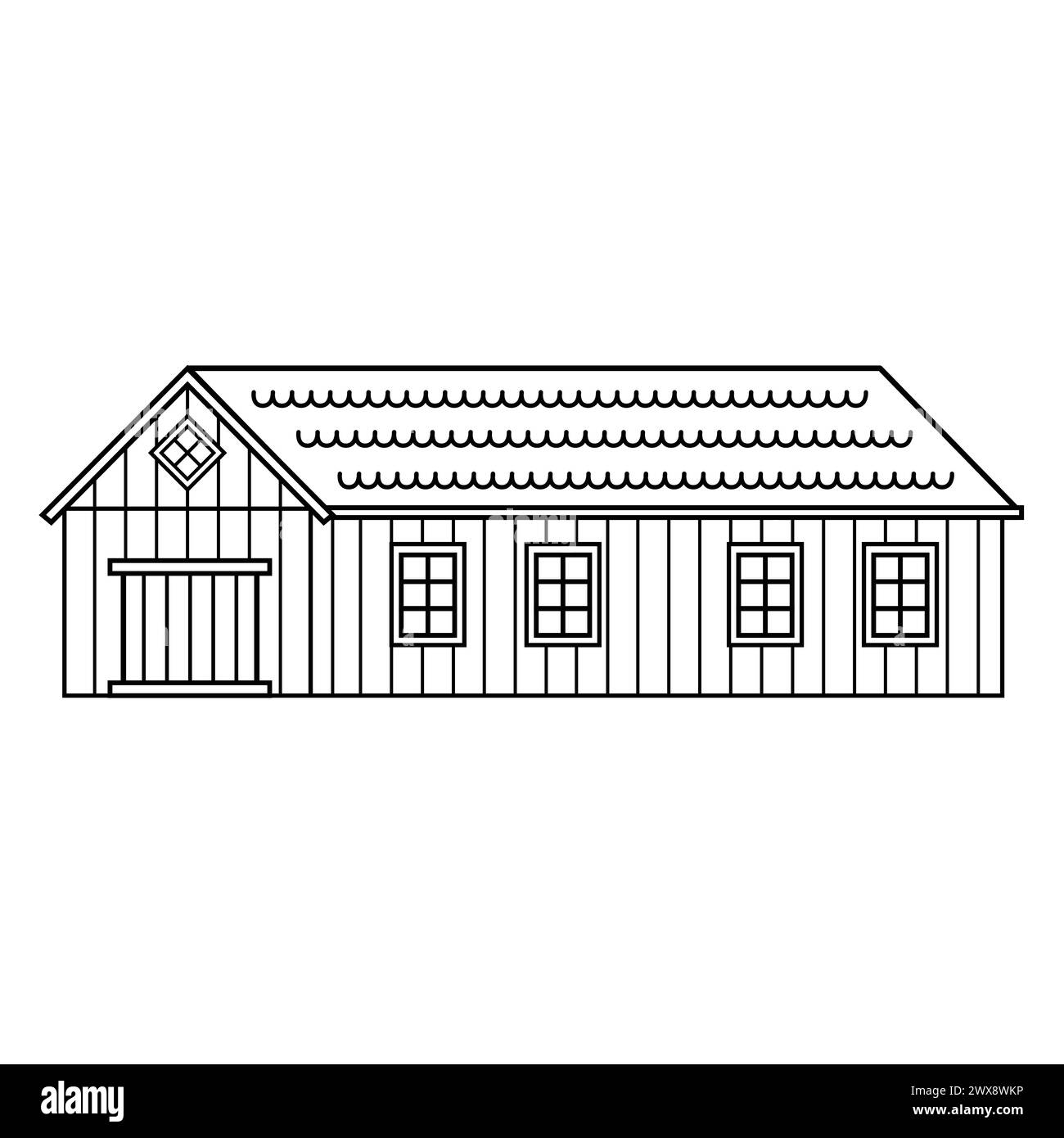 Vektorhaus mit Tür und Fenstern. Schwarz-weiße, monochrome Holzscheune. Isolierte Illustration auf weißem Hintergrund für Malbuch Stock Vektor