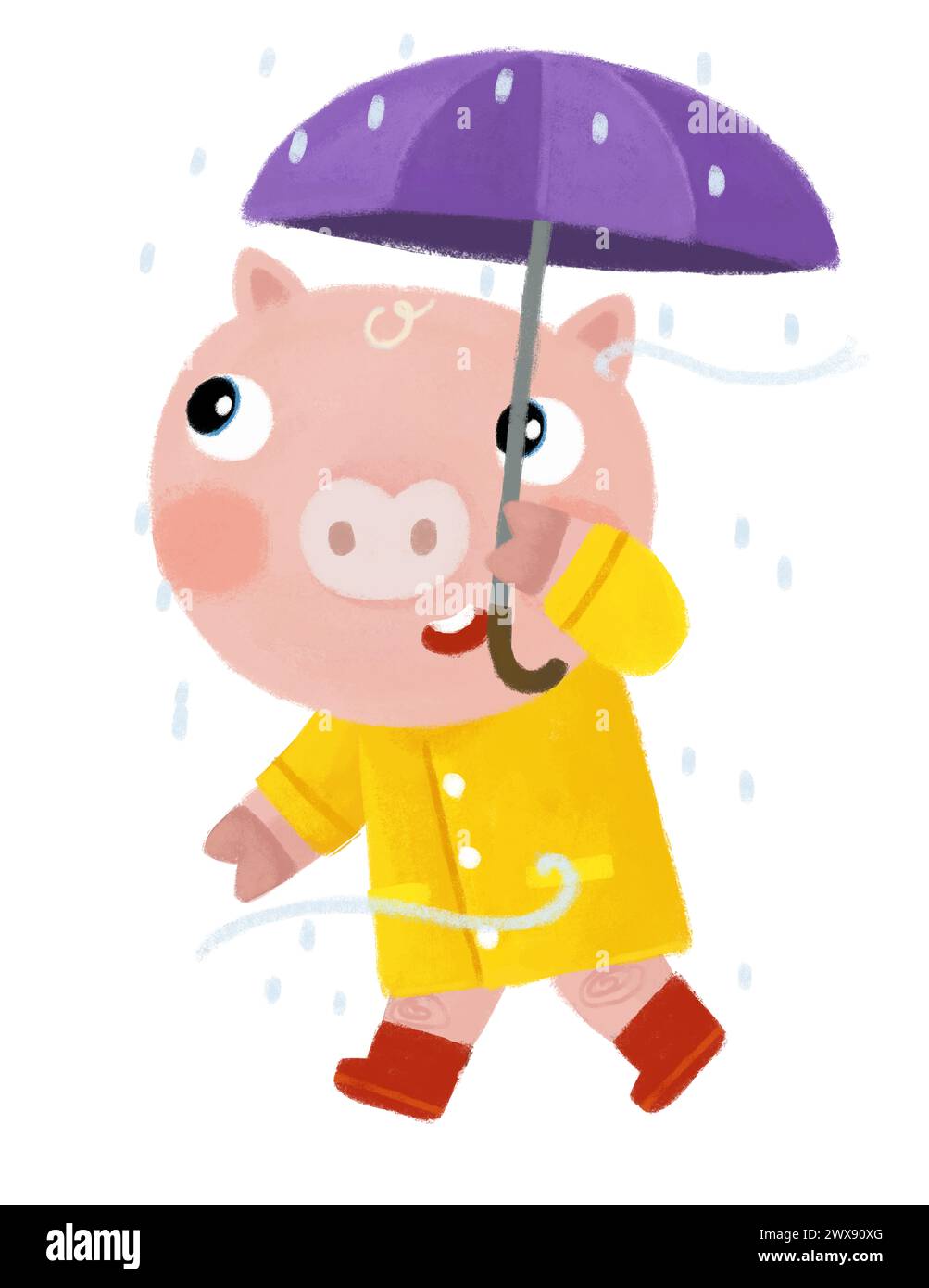 Zeichentrickszene mit glücklichem Bauernschwein-Jungen auf der Reise mit Regenschirm im Regen glücklich, Spaß in gelber Regenmantel Illustration für Kinder zu haben Stockfoto