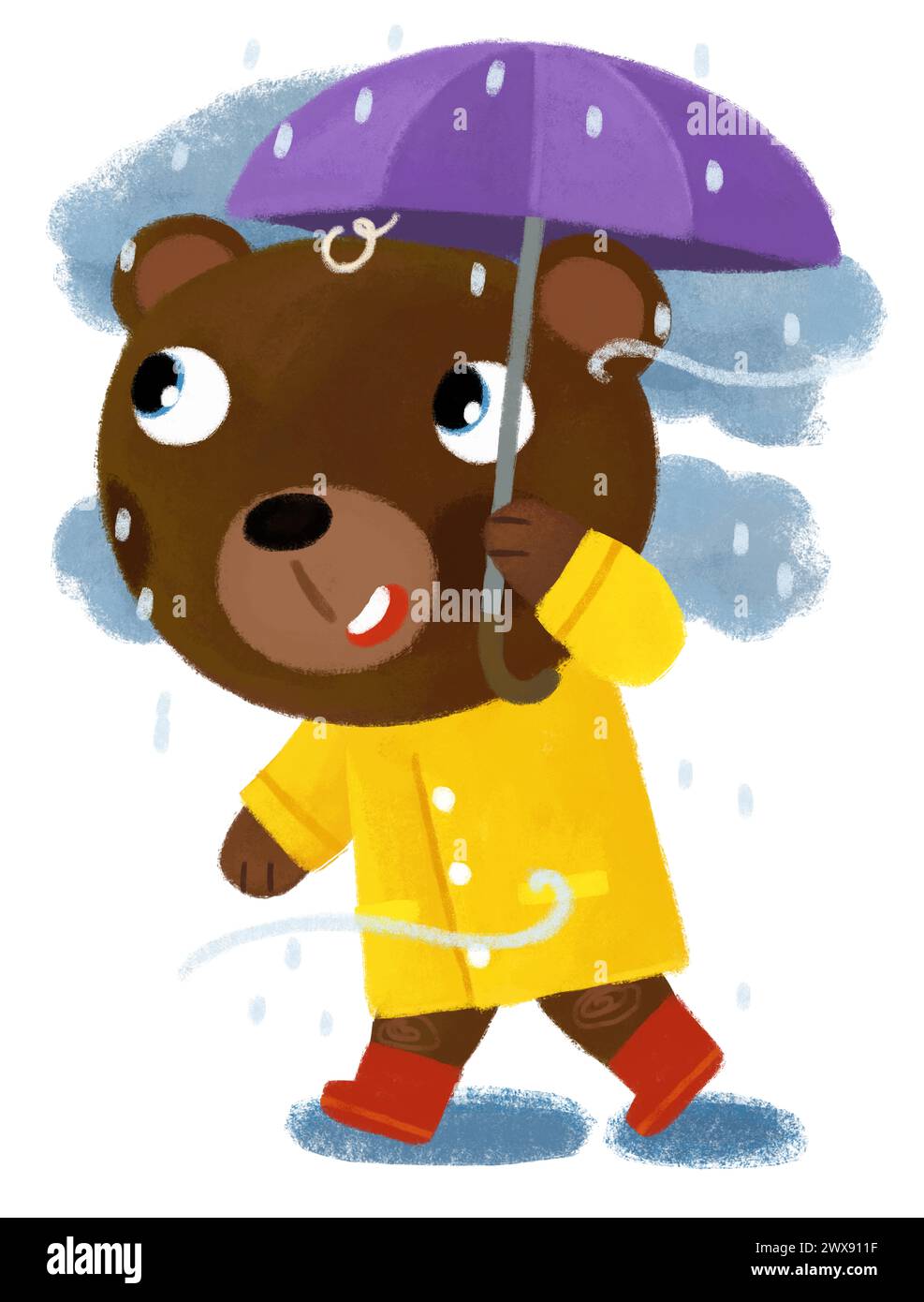 Zeichentrickszene mit glücklichem Bärenjungen auf der Reise mit Regenschirm im Regen glücklich, Spaß in gelber Regenmantel Illustration für Kinder zu haben Stockfoto