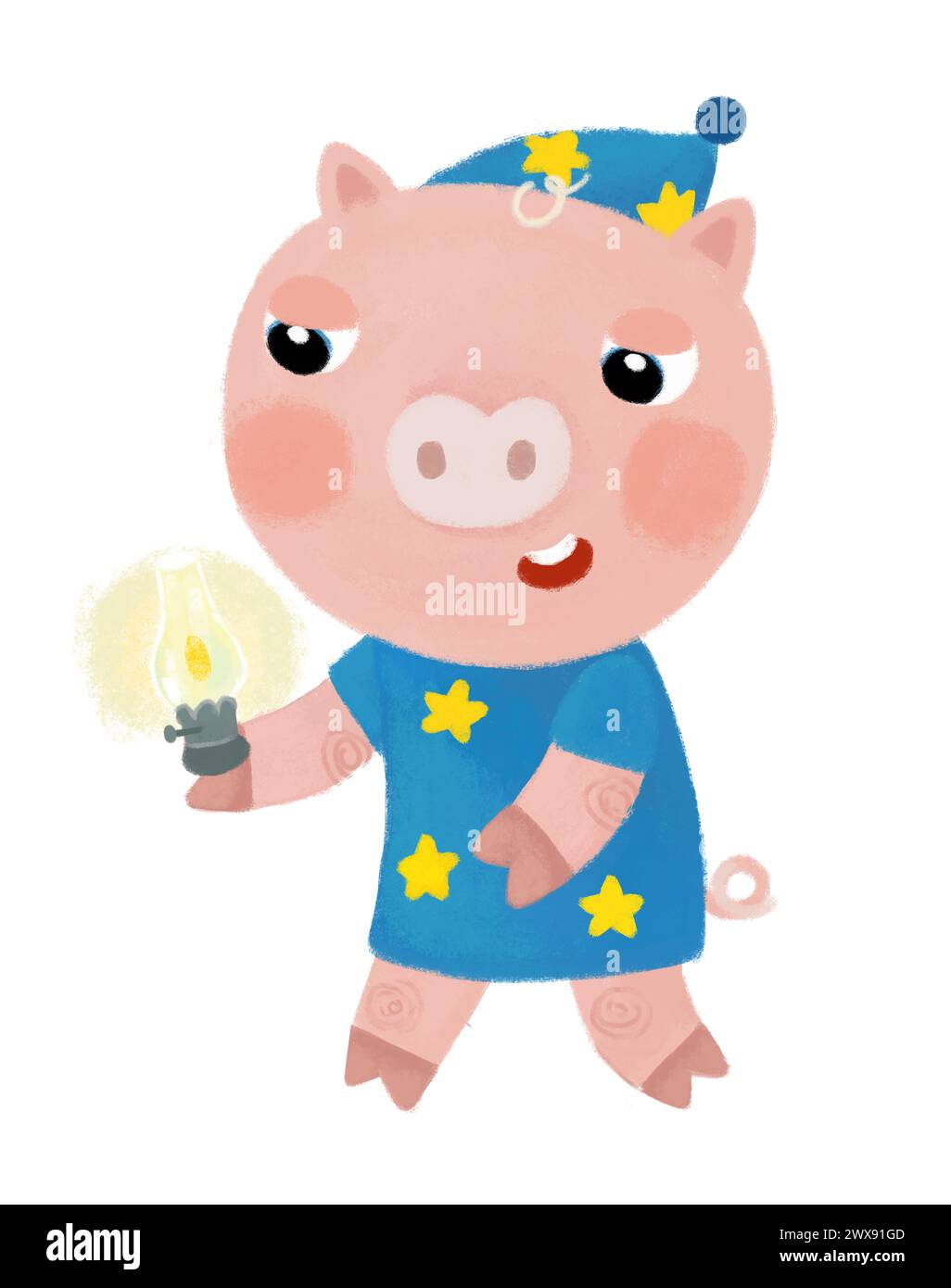 Zeichentrickszene mit Bauernschwein-Jungen-Kind, das lächelnd und sehr schläfrig aussieht, mit einer Lampe Illustration für Kinder Stockfoto