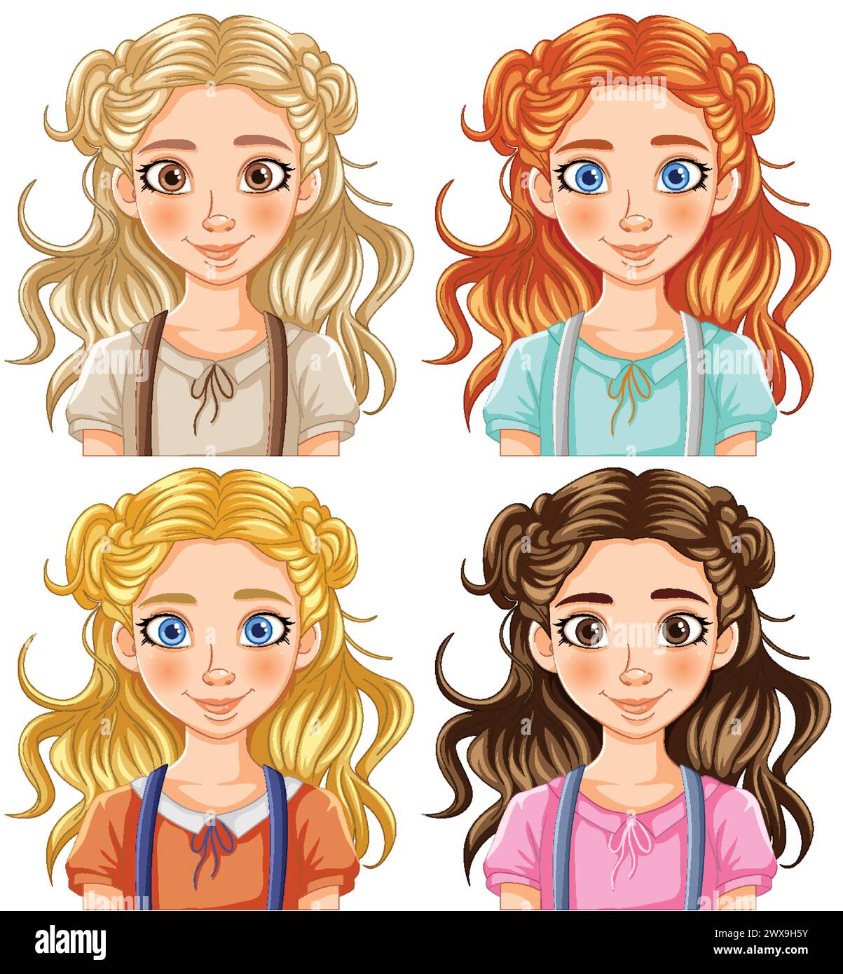 Vier Zeichentrickmädchen mit verschiedenen Frisuren und Kleidern. Stock Vektor
