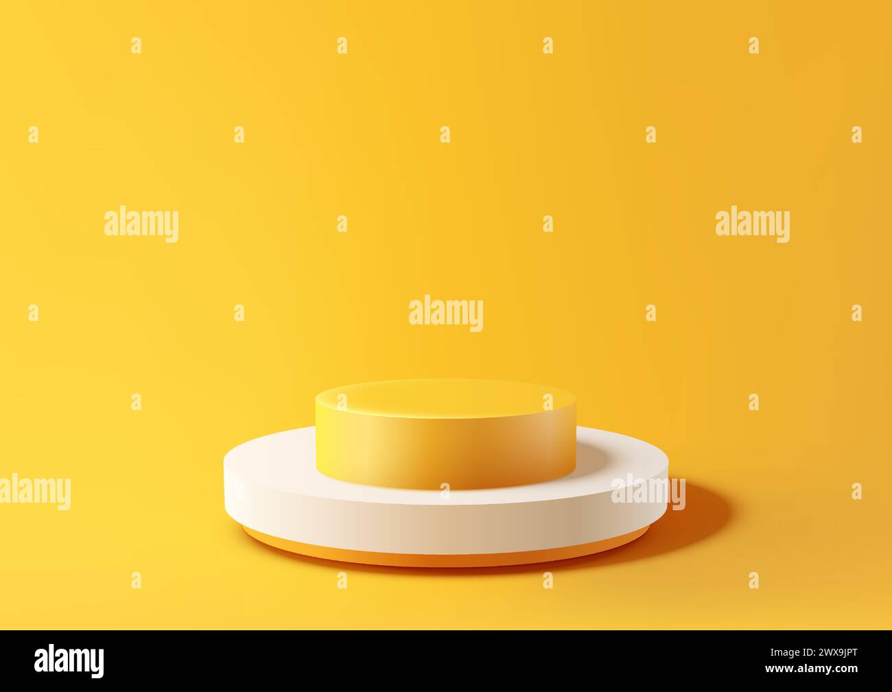 Eine einfache 3D-Szene mit einem weißen Podium auf einer gelben Plattform, vor gelbem Hintergrund. Produktanzeige, minimales Design. Vektorabbildung Stock Vektor