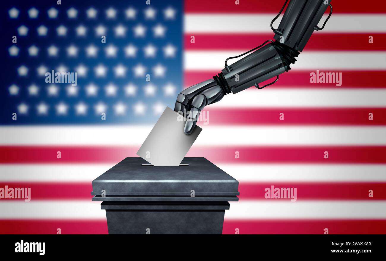 US-Wahltechnologie Sicherheit und US-amerikanische KI wählen oder amerikanische künstliche Intelligenz bei Wahlen als Roboter Wähler oder USA Automated Machine V Stockfoto