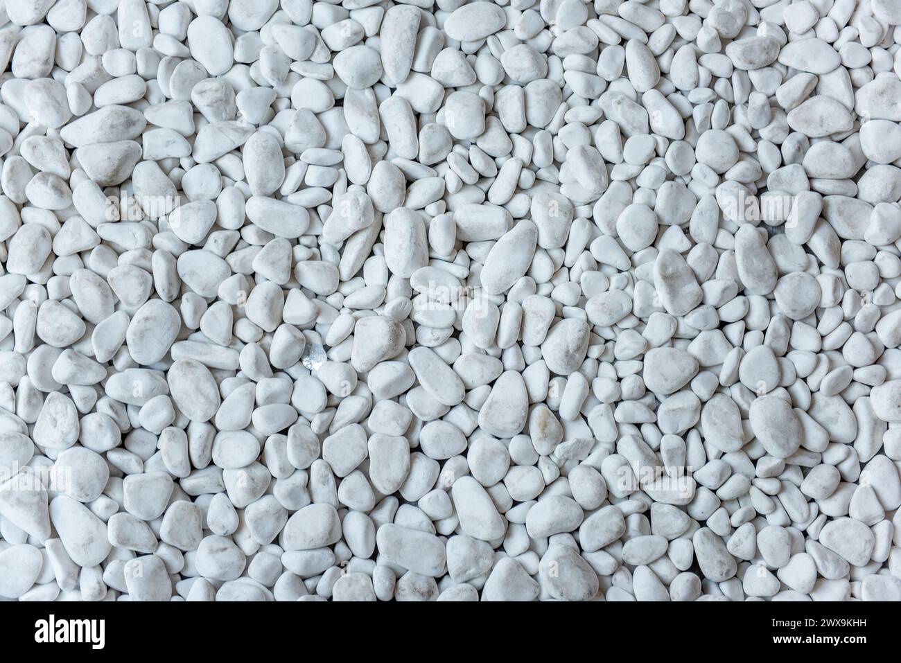 Gleichmäßige Textur aus glatten weißen Kieseln, ideal für ruhige und minimalistische Designhintergründe, natürliche Elemente in visuellen Projekten. Nahtlose weiße Sto Stockfoto