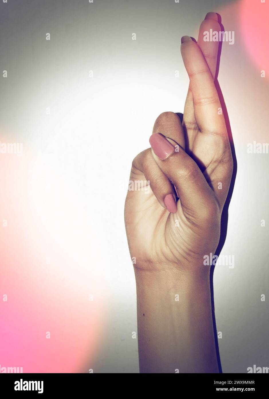 Hand, Daumen gekreuzt und Hoffnung auf Gebet im Studio für Beförderung isoliert auf einem weißen Hintergrund Mockup Raum. Palm, Wunsch und Nahaufnahme der Geste für Stockfoto