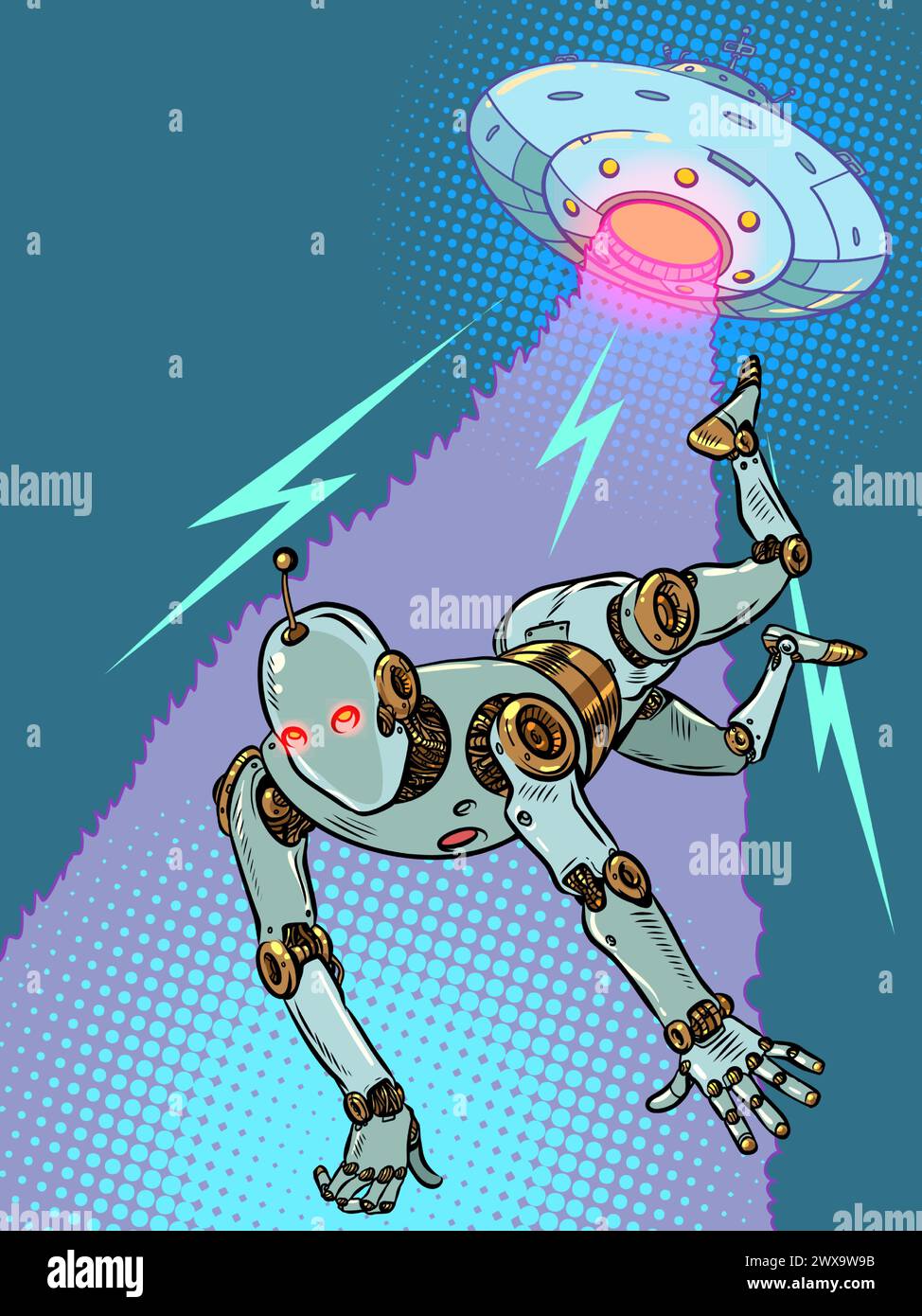 Der Roboter wird von einer fliegenden Untertasse mit Hilfe eines Balkens auf sich selbst gehoben. Paranomale Phänomene in der Galaxie und Außerirdischen. Die Erforschung des Universums in der Suche Stock Vektor