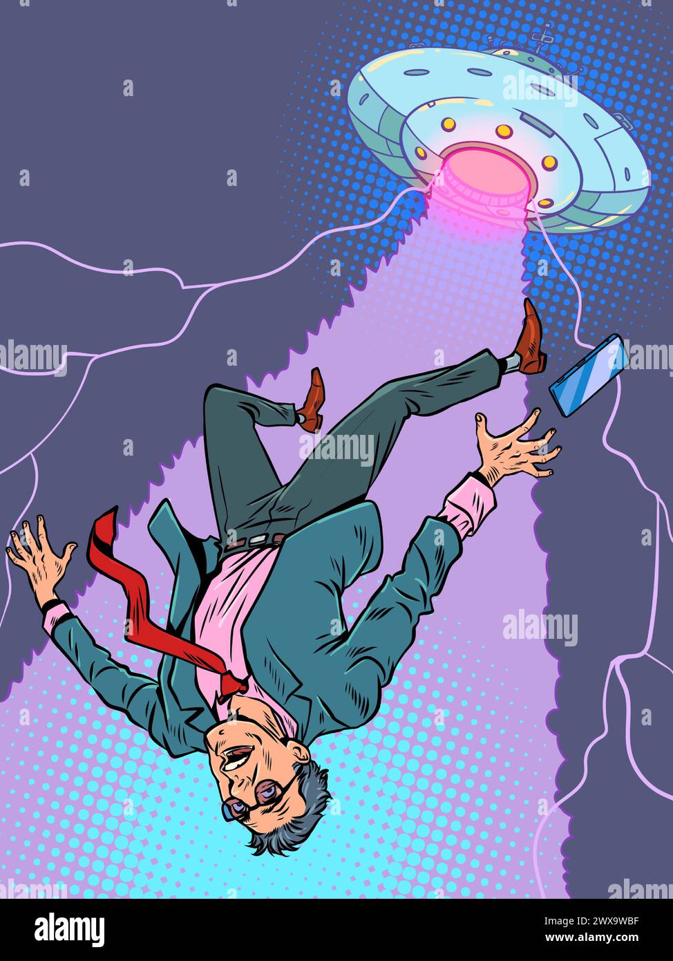 Eine fliegende Untertasse nimmt einen Büroangestellten auf. Das außerirdische Leben im Universum greift die Erde an. Suche nach Außerirdischen im Universum. Pop Art Stock Vektor