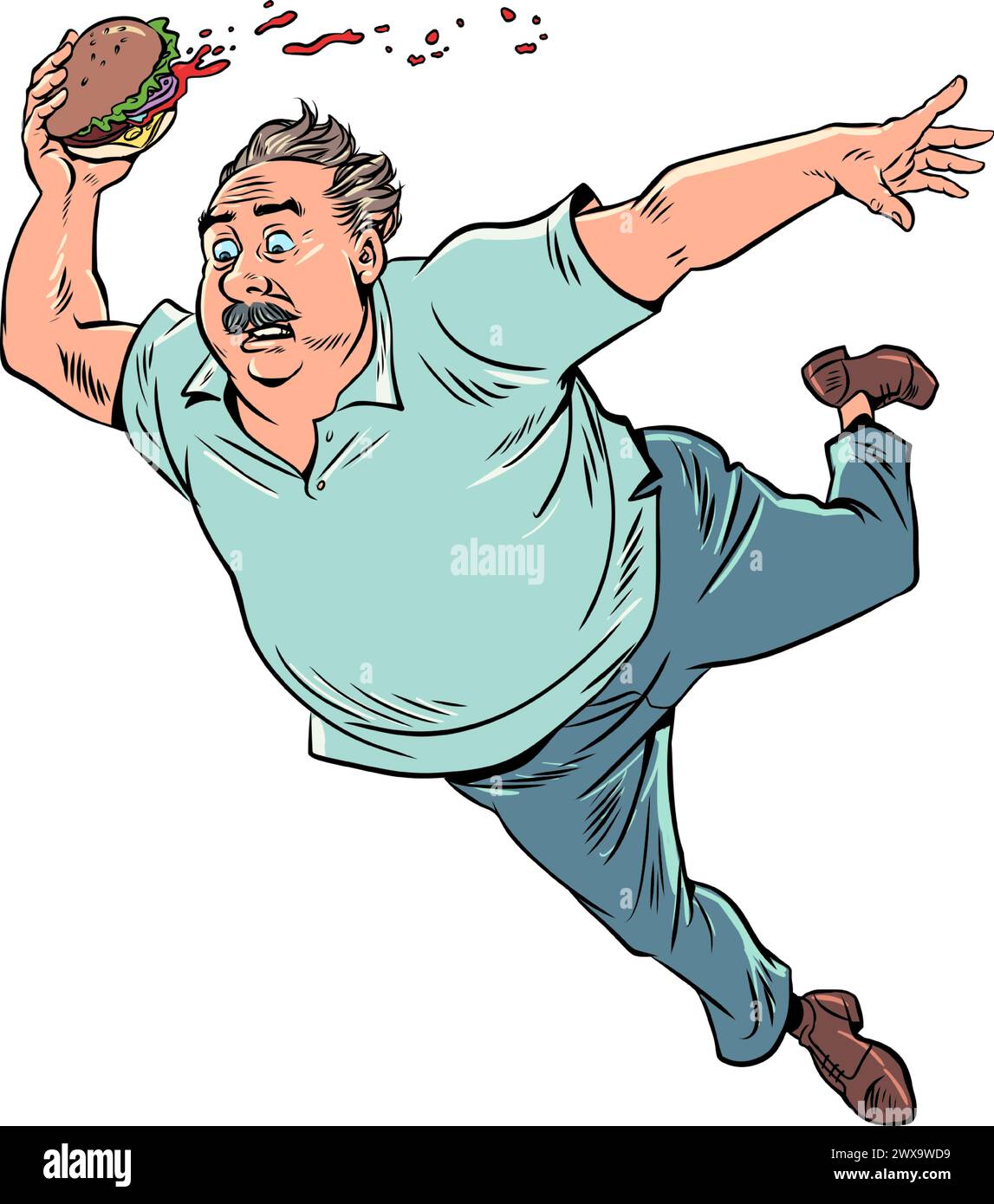 Ein Mann mit einem Burger in der Hand fällt. Warnung vor rutschigen Oberflächen in Einkaufszentren. Lustige Alltagssituation. Pop Art Retro Vektor Illustrati Stock Vektor