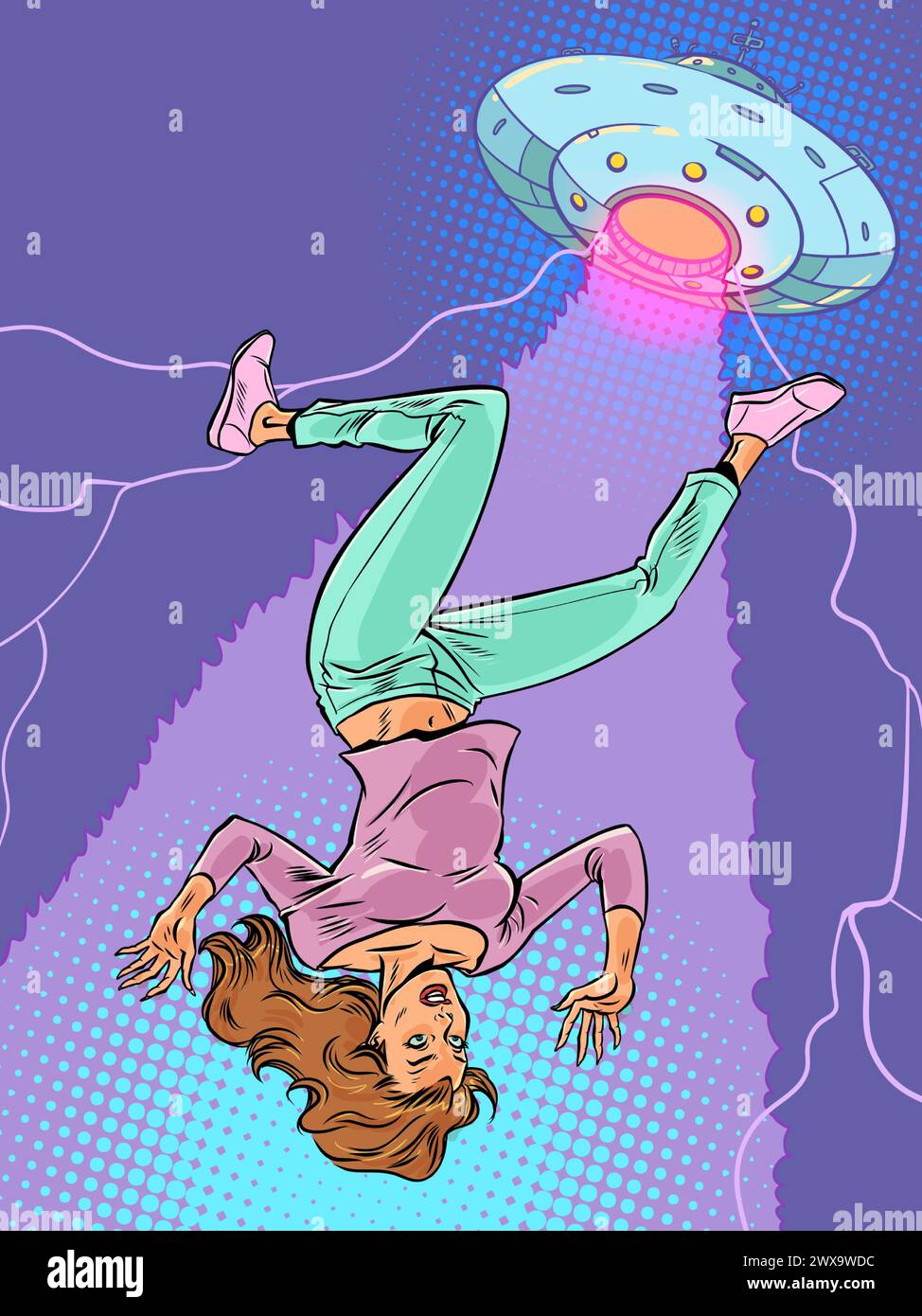 Eine Frau wird auf einem Balken von einer kosmischen Untertasse hochgehoben. Invasion von Alien und Entführung der Erde. Erforschung anderer Lebensformen im Universum. Pop Art Retro Vec Stock Vektor