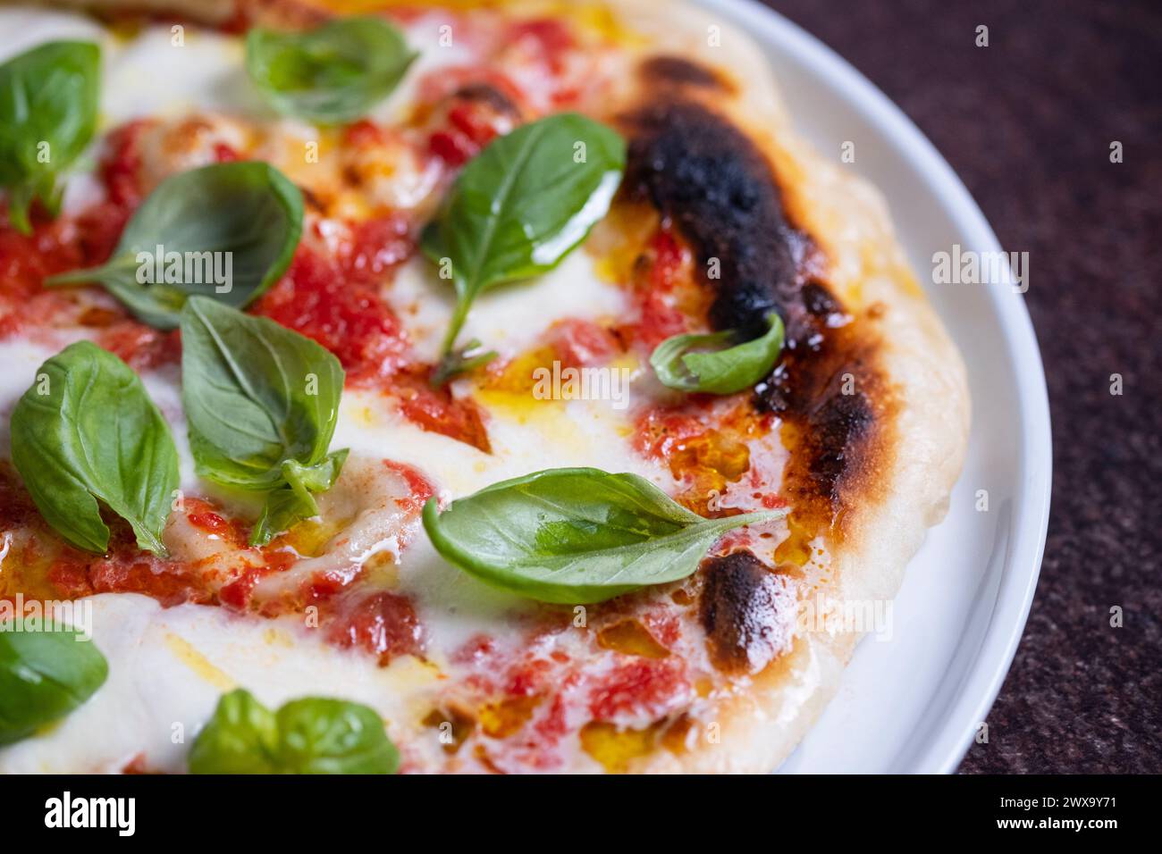 Pizza mit Tomaten, Mozzarella und Basilikum Stockfoto