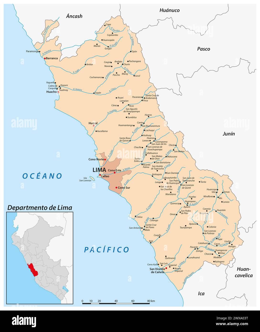 Vektorkarte der peruanischen Region Lima Stockfoto